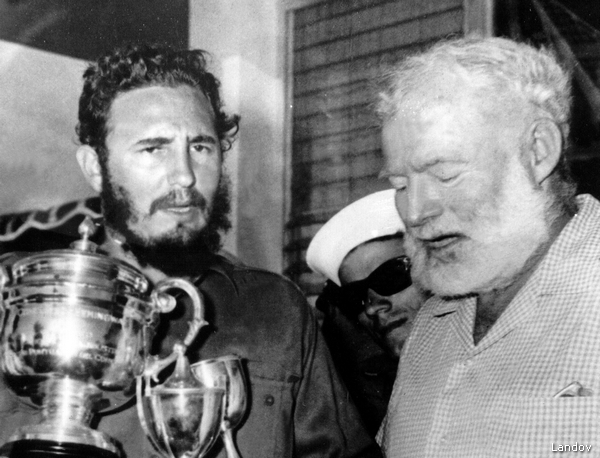 Image #: 13651150 US author Ernest Hemingway (r) and Cuban head of state Fidel Castro in 1960 after a fishing competition. It was their first and only encounter, although Hemingway had his residence near Havana for 20 years. DPA /LANDOV